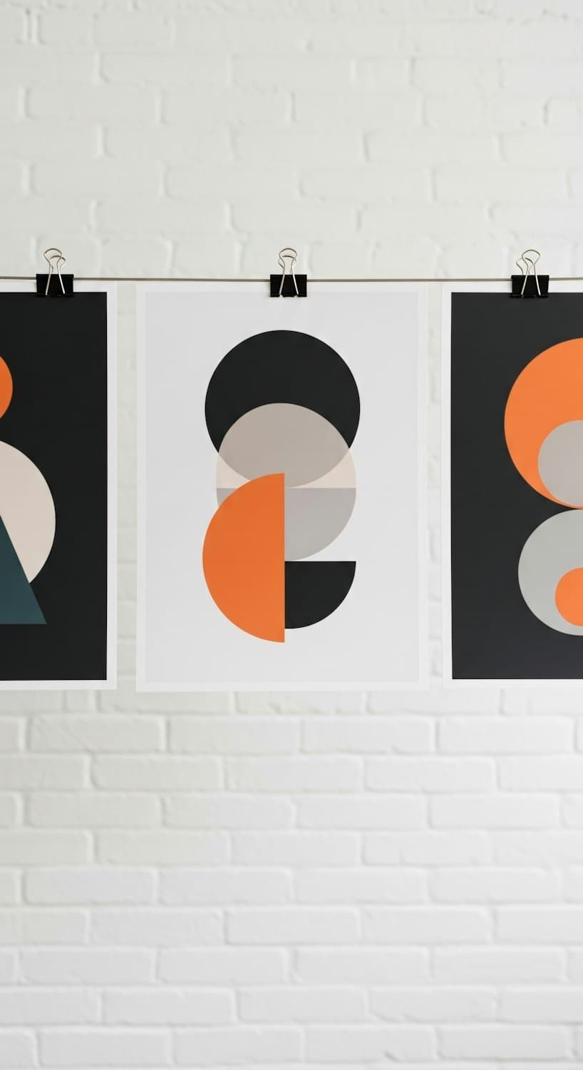 Geometric posters in black, orange and grey clipped to a white wall