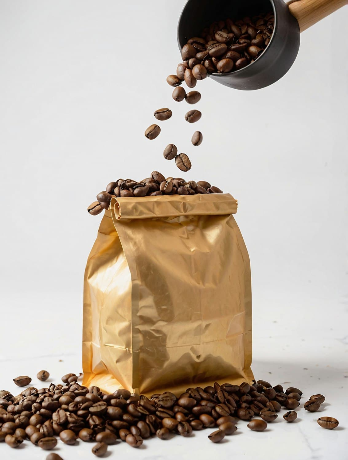 Gold Kin coffee bag with roasted beans spilling from a black scoop